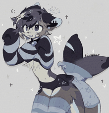 a drawing of a furry girl wearing a striped shirt and knee high socks