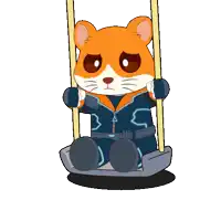 a cartoon hamster is sitting on a swing wearing a suit with the letter s on it