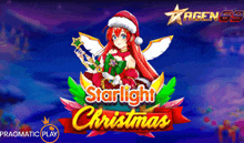 a poster for starlight christmas has a girl in a santa hat