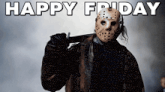 jason voorhees from friday the 13th is holding a bat in his hand