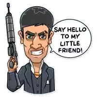 a cartoon of a man holding a gun with a speech bubble saying say hello to my little friend