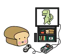 a cartoon of a slice of bread playing a video game next to a tv .