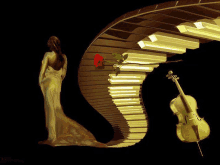 a woman in a long dress is standing next to a violin and a rose on a piano keyboard