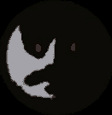 a black and white silhouette of a face with red eyes in a dark circle .