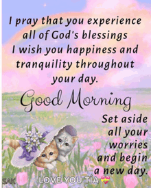 a good morning message with two cats and flowers