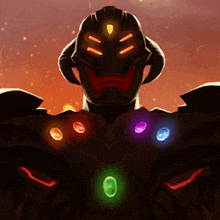 a close up of a cartoon character with the infinity stones around his chest .