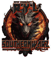 a logo for southernwarz has a wolf with red eyes