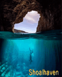 a picture of a person swimming in a cave with shoalhaven written below it