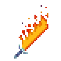 a pixel art drawing of a sword with flames coming out of it .