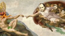 a painting of the creation of adam with an octopus on the head