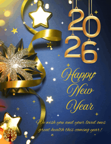 a happy new year greeting card with a star and ribbons