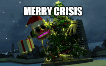 a merry crisis poster with a skeleton in a santa hat holding a gift