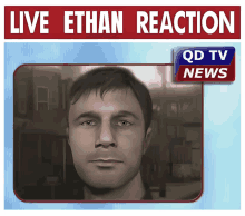 an advertisement for qd tv news shows a picture of a man