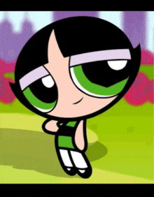 buttercup from the powerpuff girls is standing on a grassy field