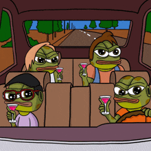 a group of frogs are sitting in the back seat of a car drinking martinis