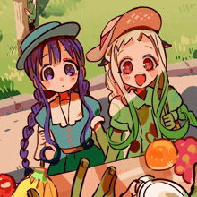 a drawing of two girls sitting at a table with fruits