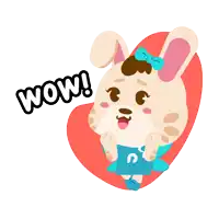 a cartoon bunny with a bow on her head and the word wow behind her