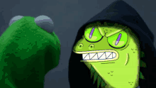 a green cartoon character with a black hood on looks at kermit the frog