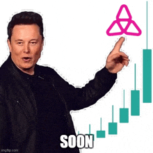 a man in a black jacket is pointing at a graph that says soon