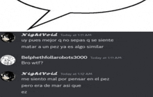 a screenshot of a discord conversation between night void and belphethfollarobots 3000