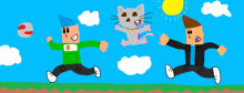 a drawing of a cat and two men jumping in the air with a volleyball