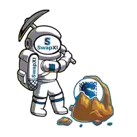 a cartoon illustration of an astronaut with a pickaxe and the word swapxi on his chest