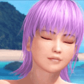 a close up of a woman 's face with purple hair and her eyes closed