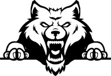 a black and white drawing of a wolf with its mouth open and claws out .