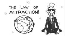 a cartoon of a man in a suit sitting in front of a globe with the words `` the law of attraction '' .