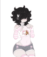 a drawing of a girl with curly hair wearing a pink and white striped shirt and shorts .