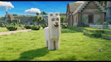 a cartoon llama is standing in a grassy field in front of a house