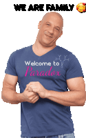 a man wearing a shirt that says welcome to paradox