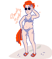 a pixel art drawing of a woman in a bikini with the words " beachy body " written above her