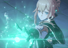 a girl with blonde hair and blue eyes is holding a green object in her hand