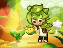 a cookie run character is standing next to a plant and holding a potted plant .