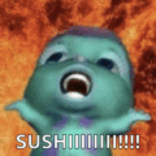 a cartoon character is screaming with its mouth open and the words sushi written on the bottom .