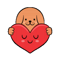 a cartoon dog is hugging a red heart with a face on it