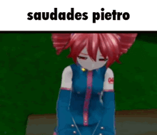 a sad anime girl with red hair is sitting on a bench with the words saudades pietro written above her .