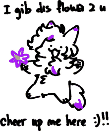 a drawing of a cat with a purple flower in its mouth and the words cheer up me here .