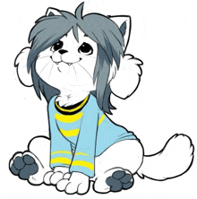 a drawing of a cat wearing a blue and yellow striped shirt and sitting down .