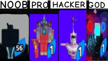 a collage of images with the words noob pro hacker god on top