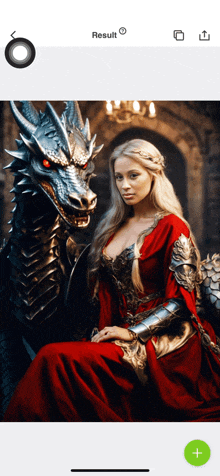 a woman in a red dress is sitting next to a dragon in armor