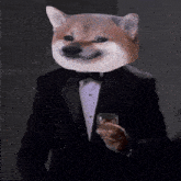 a dog wearing a tuxedo and holding a glass of whiskey .