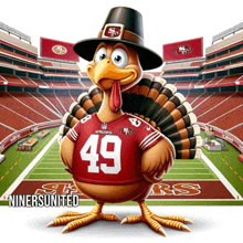 a turkey wearing a 49ers jersey stands on a field