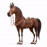 a cartoon horse with a bridle and saddle with the letter e on the saddle