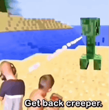 a creeper is flying over a group of people on a beach in a minecraft video game .