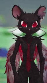 a black cat with red eyes and red wings is wearing a red tie