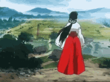 a woman in a red dress is standing on top of a hill looking at a landscape .