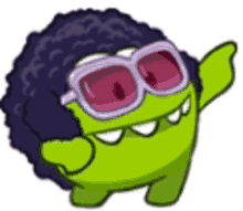 a green monster with sunglasses and a black afro is waving .