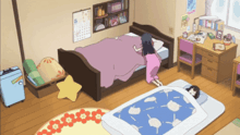 a bedroom with two beds and a calendar that says 5 on it